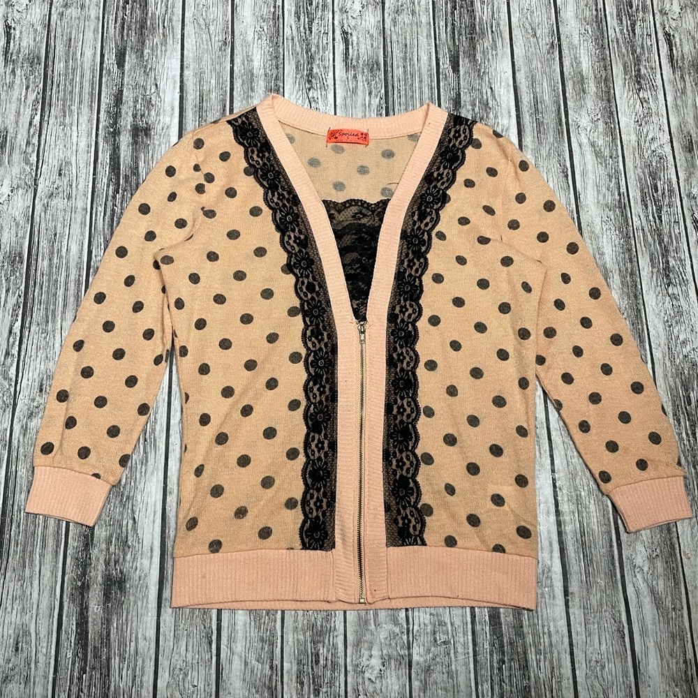 Ladies Small Spoiled Prach Cardigan Sweater with Black Polka Dots & Lace Detail